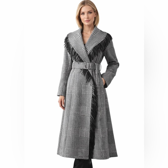 Houndstooth Microfiber Fringe Long Jacket - Picture 2 of 10